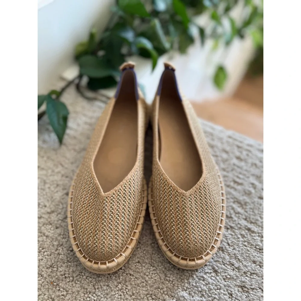 Rothy's The Espadrille Gold Stripe Metallic Hemp Knit Ballet Flats Coastal 9